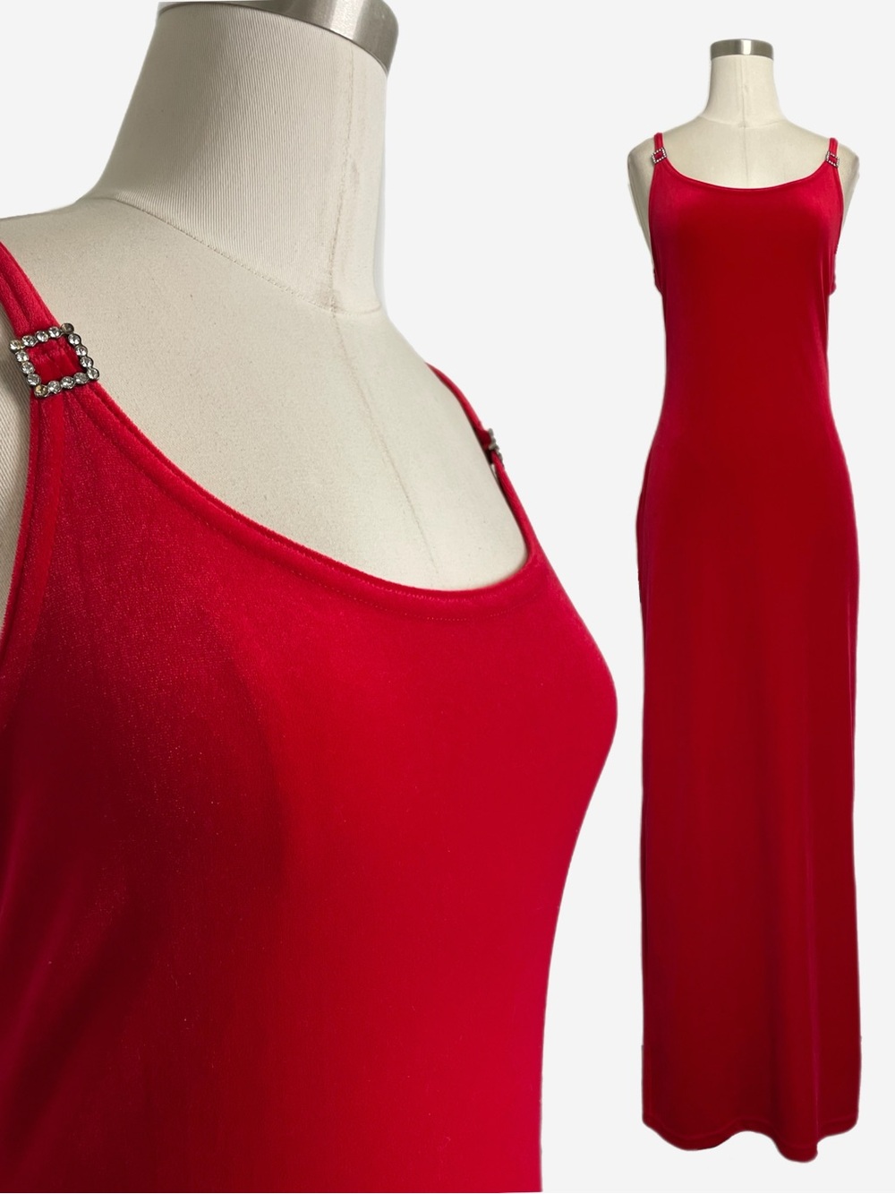 Vintage Y2K Timing USA red velvet rhinestone buckle slip maxi dress holiday XS/S
